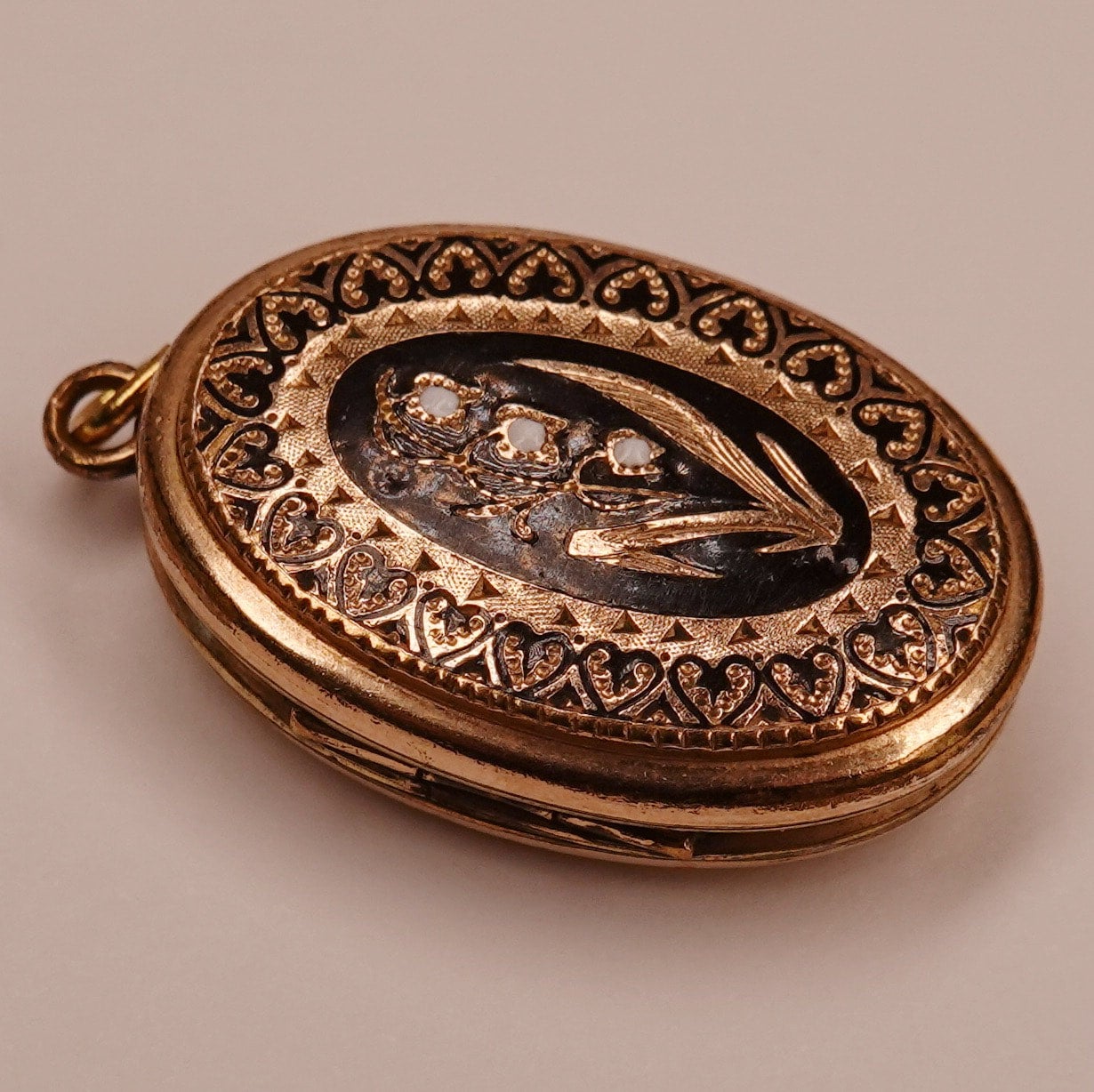 Rold Gold and Black Enamel Lily of the Valley Mourning Locket